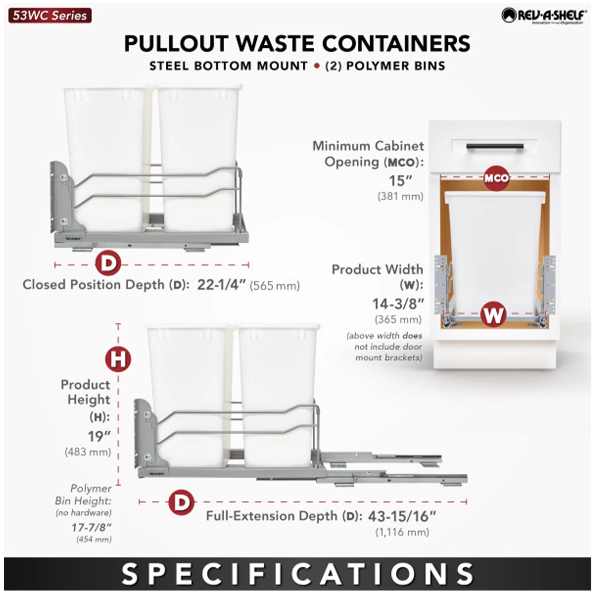 Rev-A-Shelf 35 Quart Pullout Waste Container Trash Can w/ Soft Close Slides