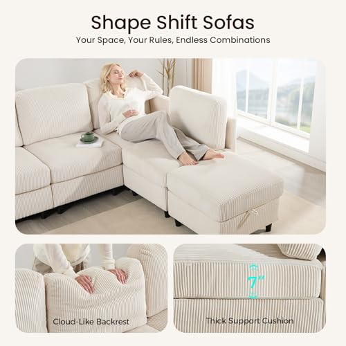 KKL Modular Sectional Sofa Bed with Storage Ottoman, Convertible L/U-Shaped Sleeper Couch for Living Room, Modern Reversible Design, Beige