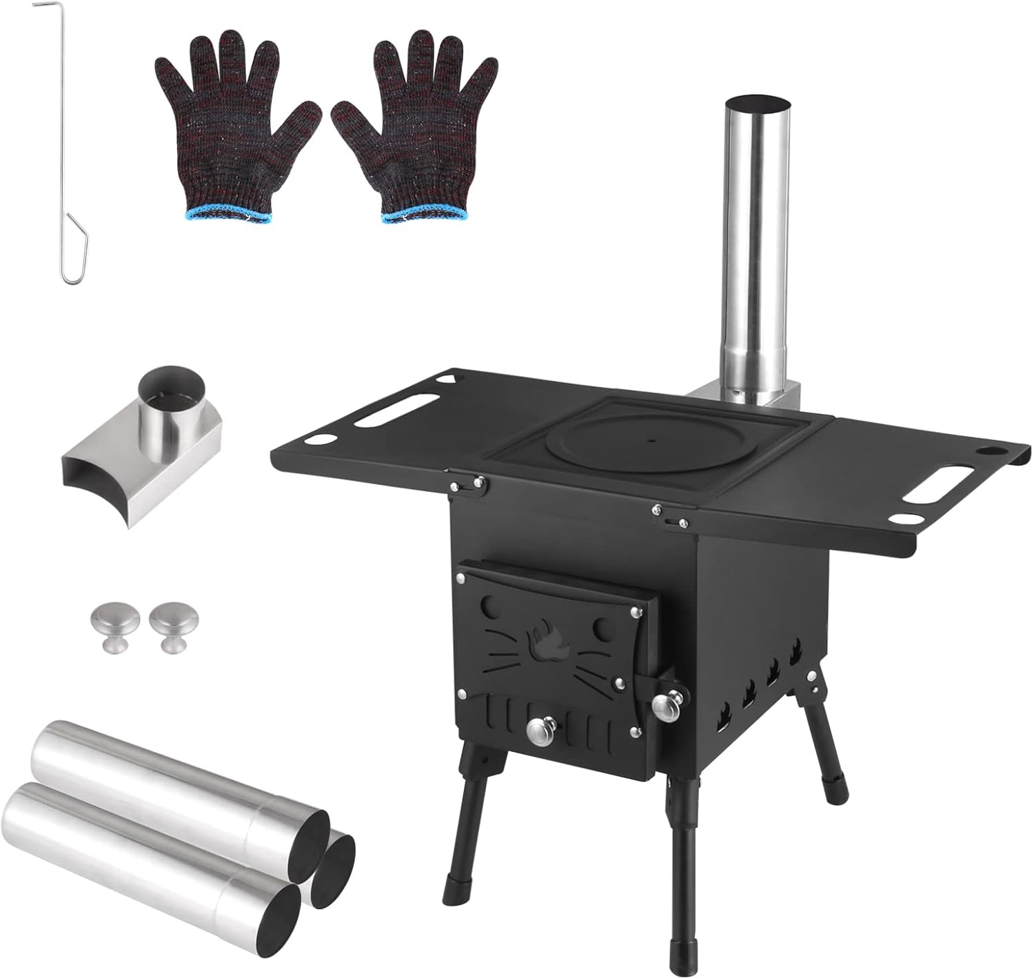 Portable Wood Burning Stove, Hot Tent Stove with Chimney Pipe, Outdoor Camping Wood Stove for Tent, Shelter, Heating and Cooking