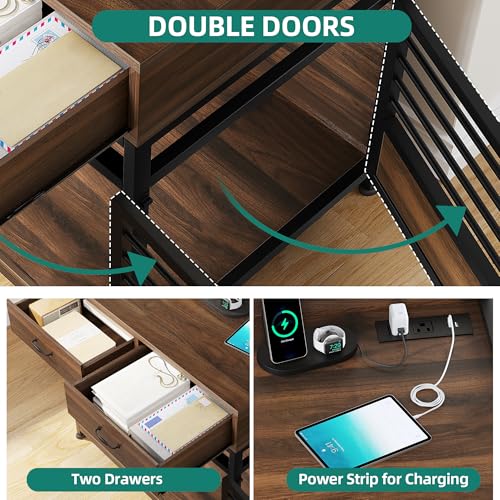 YITAHOME 39 Inch Dog Crate Furniture with Storage Shelves, Wooden Dog Crate for Large Dogs with Power Outlets