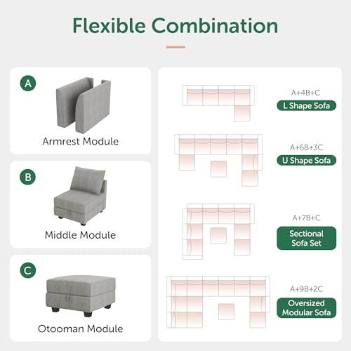 HONBAY Modular Sectional Sofa U Shaped Sectional Modular Sofa with Storage Convertible Sectional Couch for Living Room, Grey