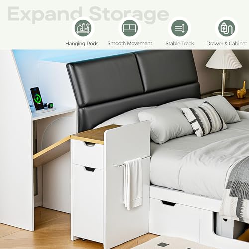 Full Platform Bed Frame with Foldable Desk, Daybed with Storage Headboard, Bookcase, 4 Drawers, LED Light & Charging Station, No Box Spring Needed