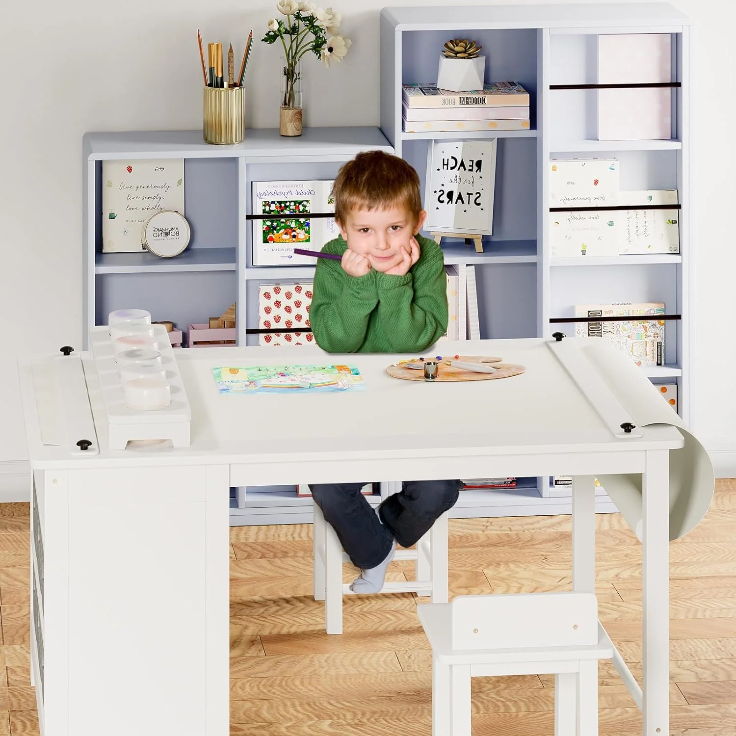 Kids Art Table and Chair Set, Linor Wooden Childern Desk, Kids Craft Table with Two Chairs, Storage Shelves, Canvas Bins, Paper Roll