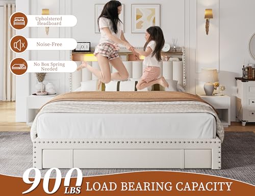 EnHomee Queen Bed Frame with 3 Storage Drawers, Upholstered Bed Frame Queen Size with 2-Tier Storage Headboard, Wooden Slats, No Box Spring Needed