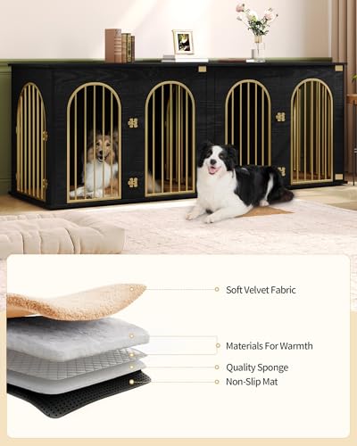71" Dog Crate Furniture for 2 Dogs, Heavy Duty Indoor Dog Kennel TV Stand, XXL Wooden Dog Cage with Divider for Medium Large Dogs