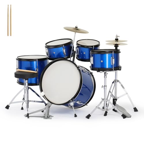 Ktaxon 5-Piece Complete Junior Drums Set, 14 Inch Beginners Drum Kit with Throne Stool, Pedal & Drumsticks, Kids Drums Musical Instruments W/Cymbal