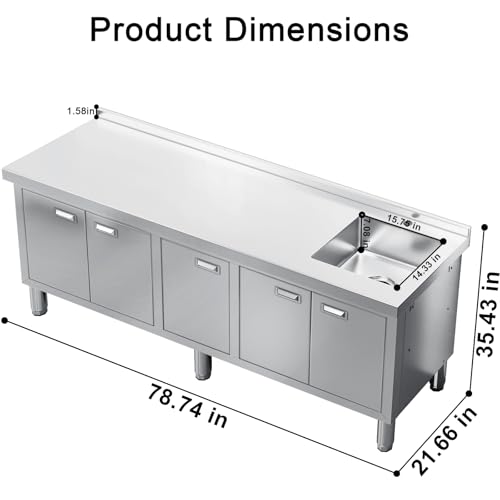 ZZV Freestanding Stainless Steel Sink with Cabinet Heavy Duty Utility Sink Commercial for Kitchen Restaurant Hotel Cafe and Outdoor