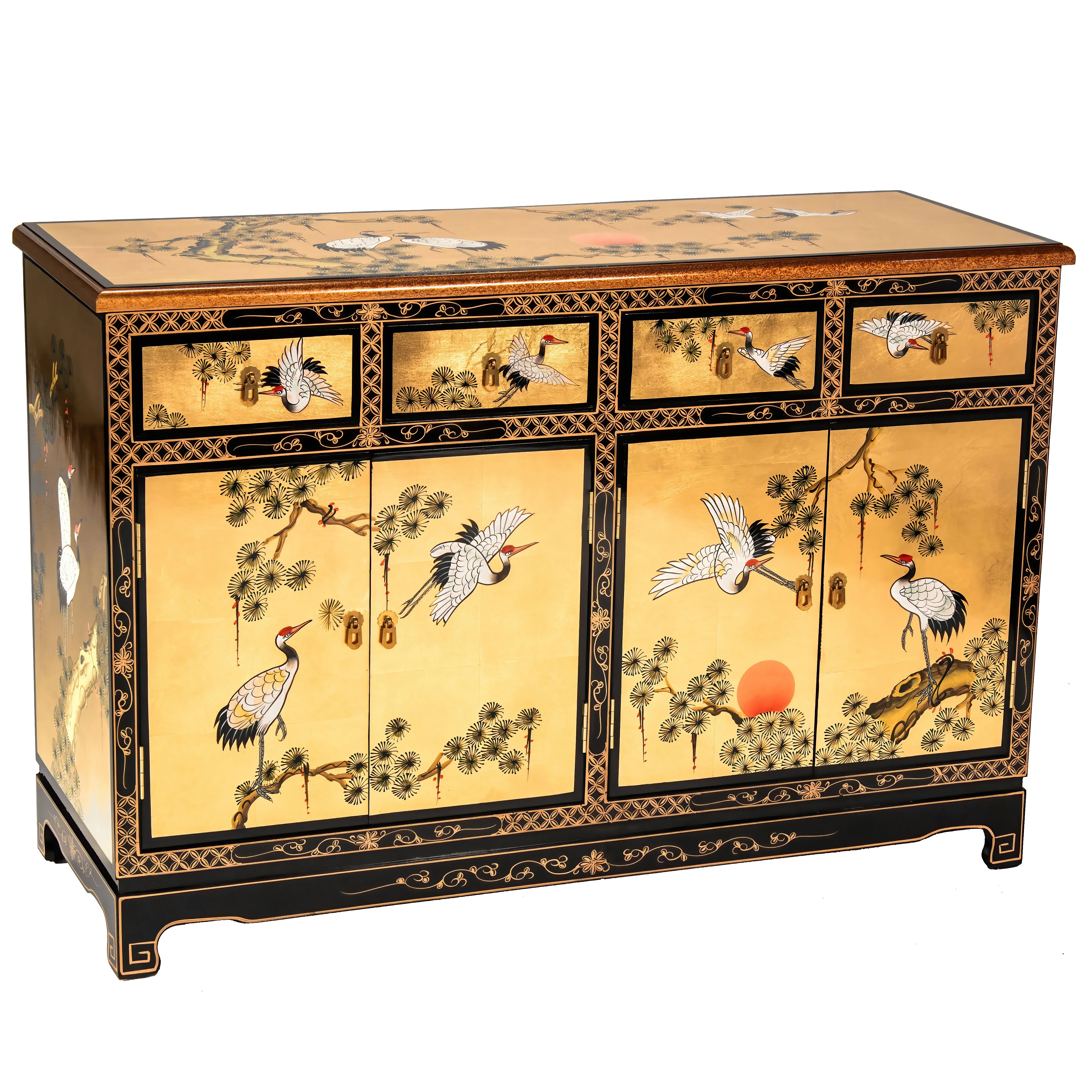 Oriental Furniture Gold Lacquer Sideboard - Cranes
