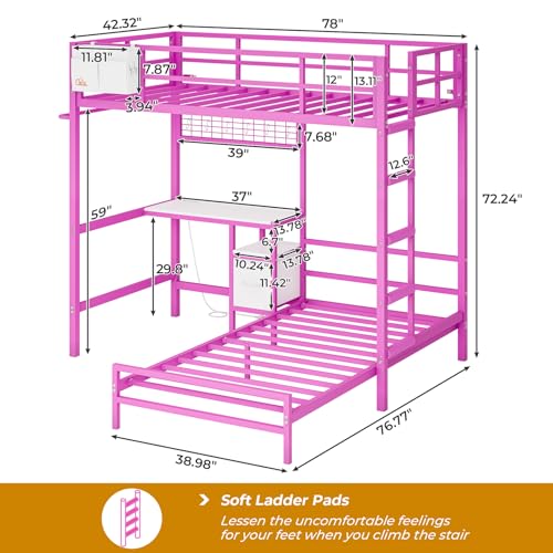 DICTAC Twin Over Twin Size Bunk Bed with Desk and Charging Station Metal Loft Bed with Led Lights & Storage Shelves and Drawers L-Shaped Bunk Bed for