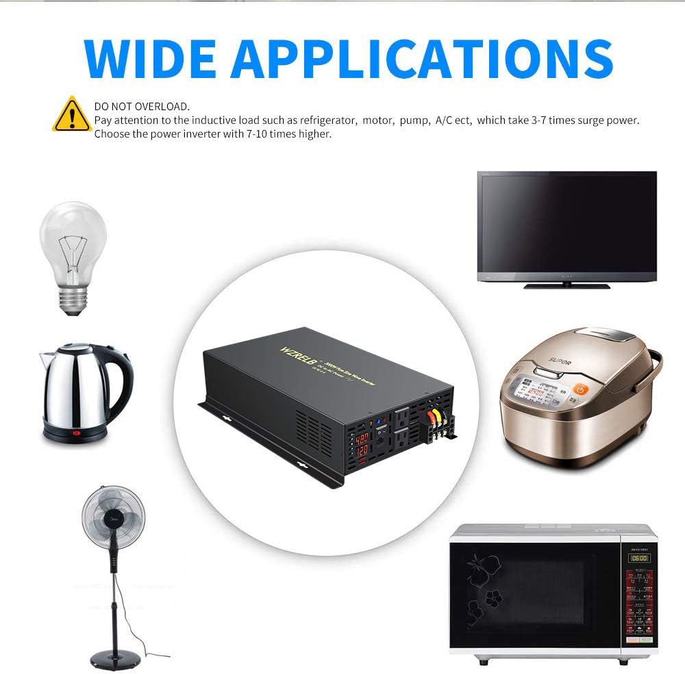 WZRELB Power Inverter Pure Sine Wave 3000Watt 48V DC to 110V 120V with Remote Control Dual AC Outlets and AC Hardwire Port Solar Power Inverter