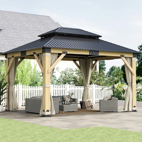 12'x12' Hardtop Gazebo, Outdoor Double Roof Galvanized Steel Gazebos, Aluminum Frame Permanent Pavilion with Curtains & Netting for Backyard, Patio