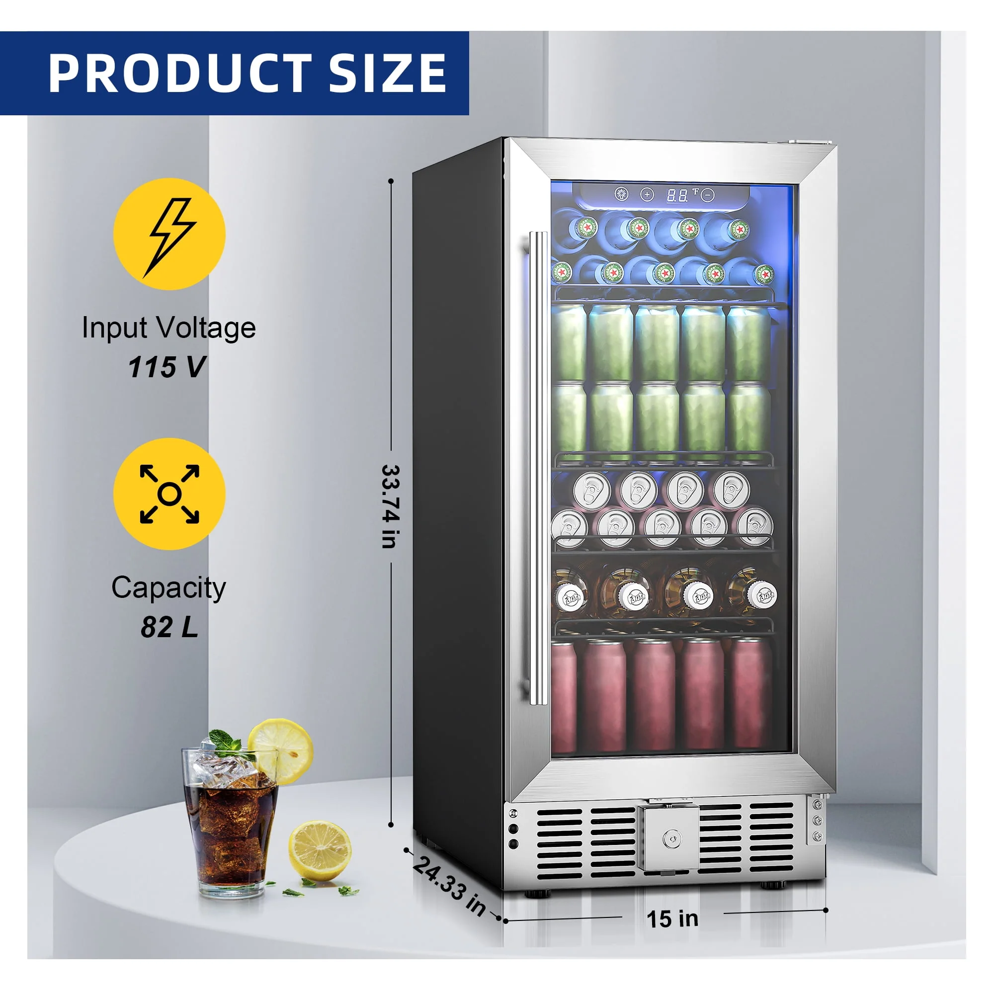 Simzlife 15 Beverage Cooler Under Counter Beverage Refrigerator Beer Fridge with Glass Door