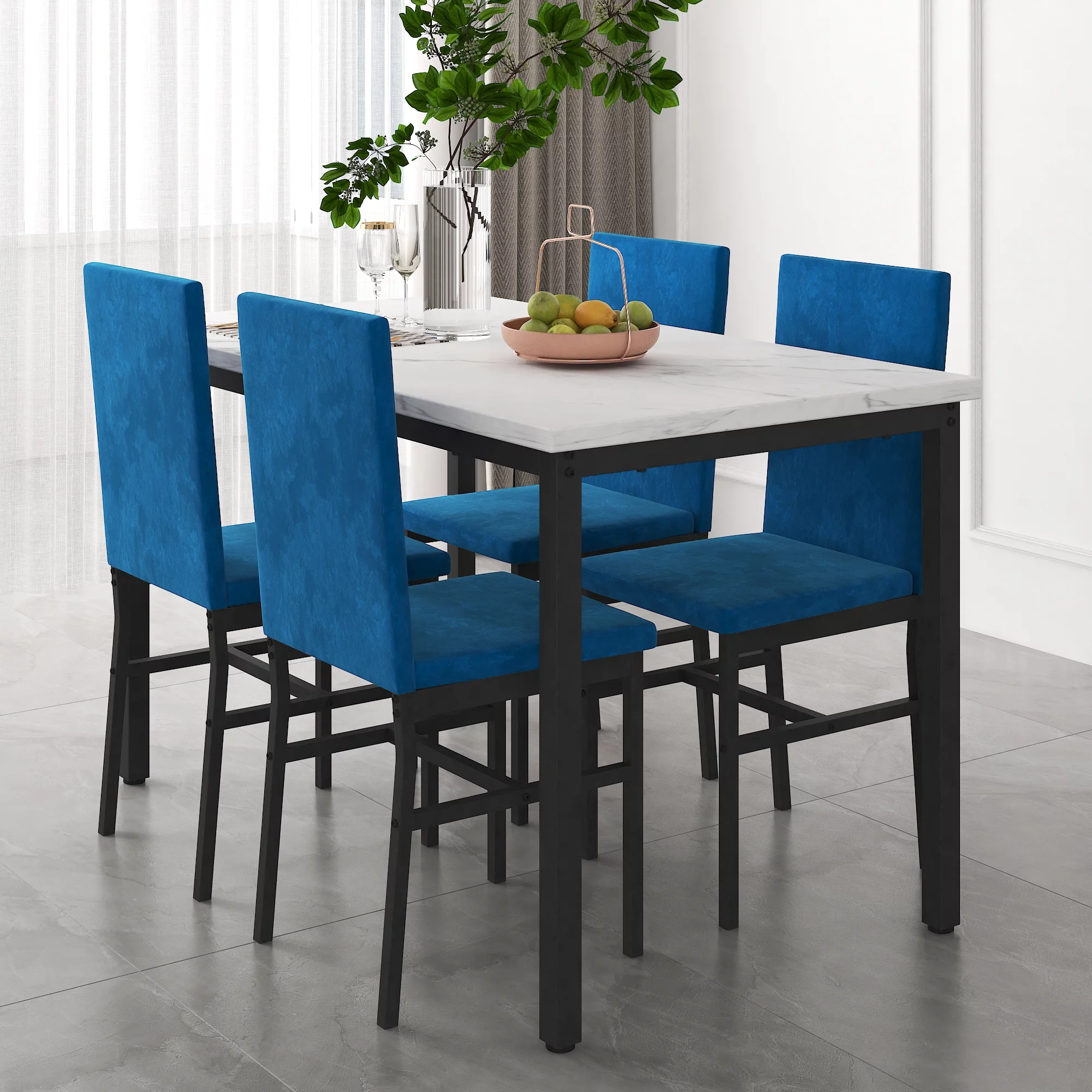 Modern Dining Set for 4, 5-Piece Dining Table and Chairs Set, 1 Table with White Marble Top, 4 Blue Velvet Chairs for Kitchen Dining Room Living Room