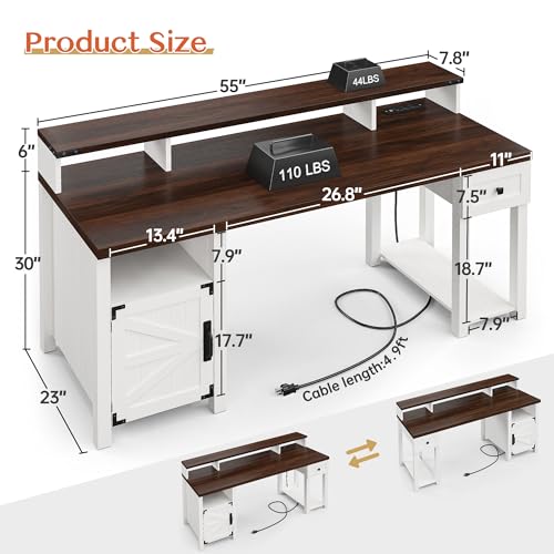 EnHomee Farmhouse Office Desk with Drawer & Power Outlets, Wood Computer Desk Monitor Stand for Bedchamber Study