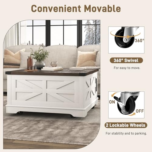 36" Farmhouse Movable Lift Top Coffee Table with Storage and Power Outlets, Square Wood Living Room Tables with Wheels&Large Hidden Space