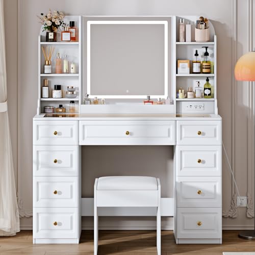 43" Makeup Vanity Desk with Mirror and Lights, & Power Outl, Glass Top Big Vanity Table with 9 Drawers& 8 Storage Shelves