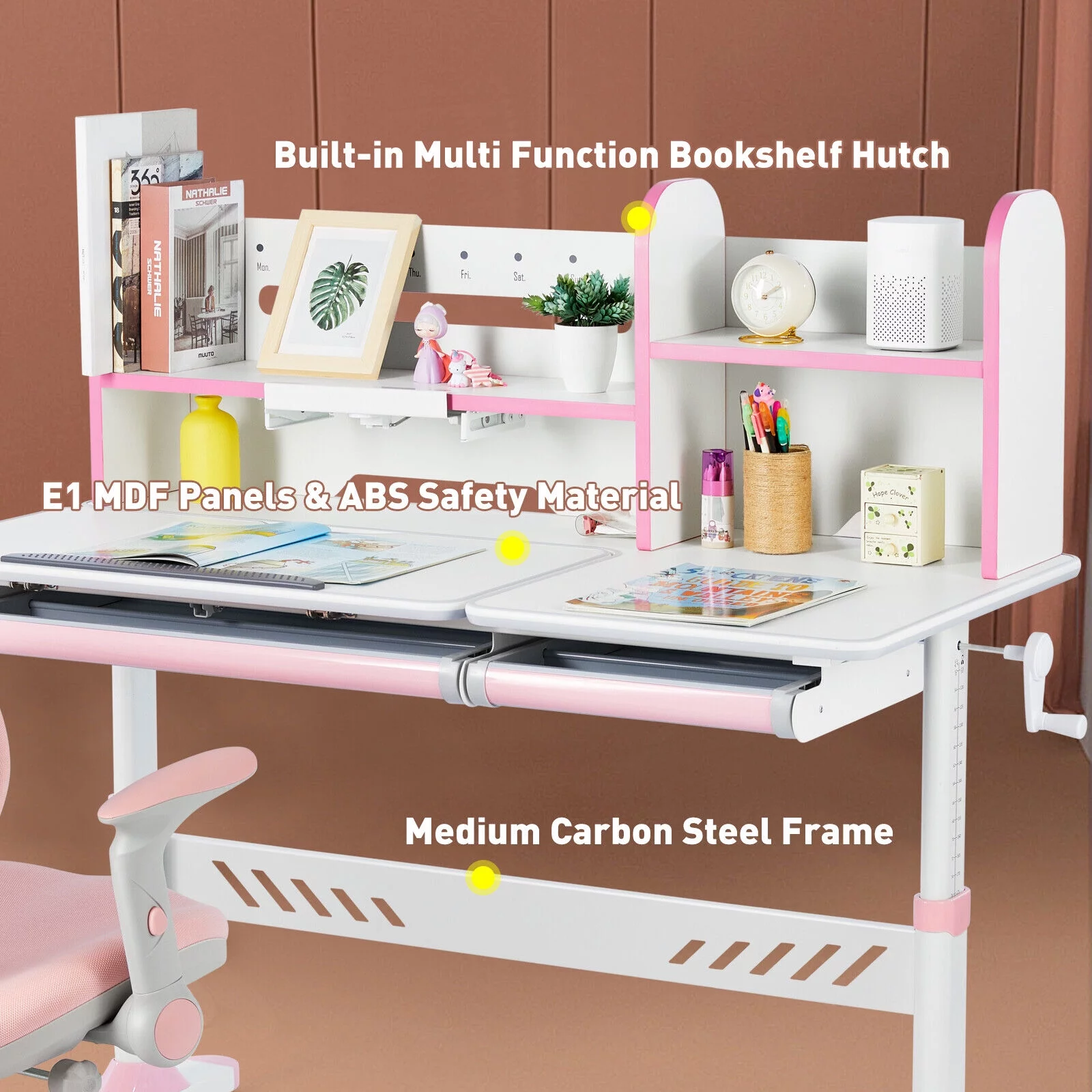 COSVALVE Adjustable Kids Desk and Chair Set with Hutch, Multifunction Ergonomic Study Table Chair with 2 Storage Drawers, Tilt Desktop