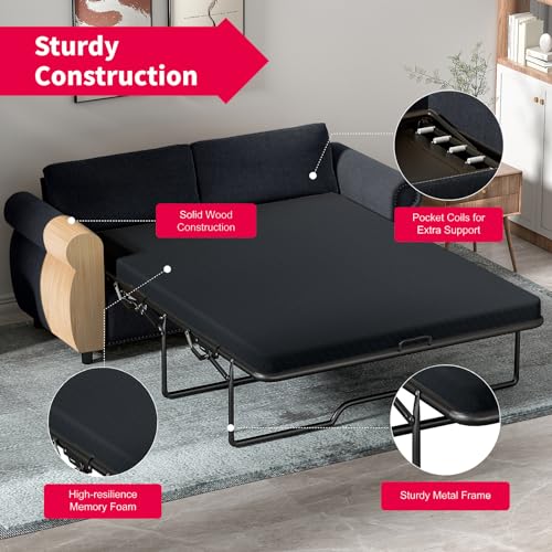 MUZZ Pull Out Sofa Bed, Queen Sleeper Sofa Couch with 4" Thick Memory Foam Mattress, Modern Linen Sectional Loveseat with Rivet Decoration