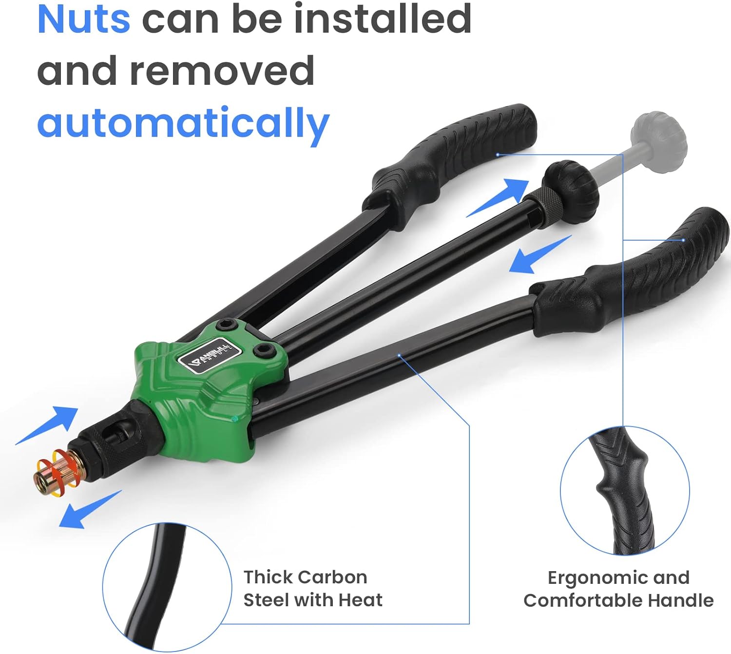 Anbull 14" Rivet Nut Tool,Hand Rivet Tool Kit with Auto Installation and Release Nut Design, 6 Metric & SAE Mandrels M6 M8 M10, 1/4-20, 5/16-18