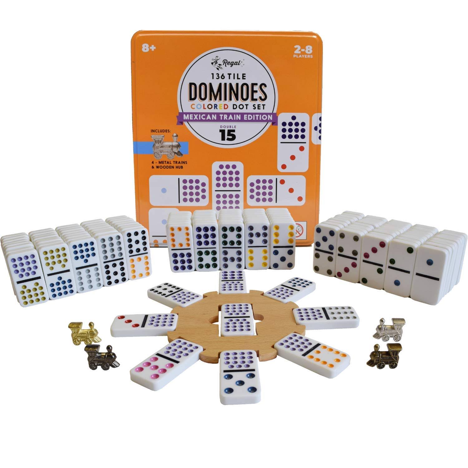 Regal Games Double 15 Mexican Train Dominoes with Wooden Hub and Metal Trains