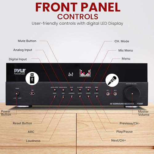Pyle Hi-Fi Wireless Bluetooth 5.0 Home Theater Receiver - 7.2 Channel Surround Sound Stereo Amp with ARC Support - MP3/USB/DAC/FM Radio