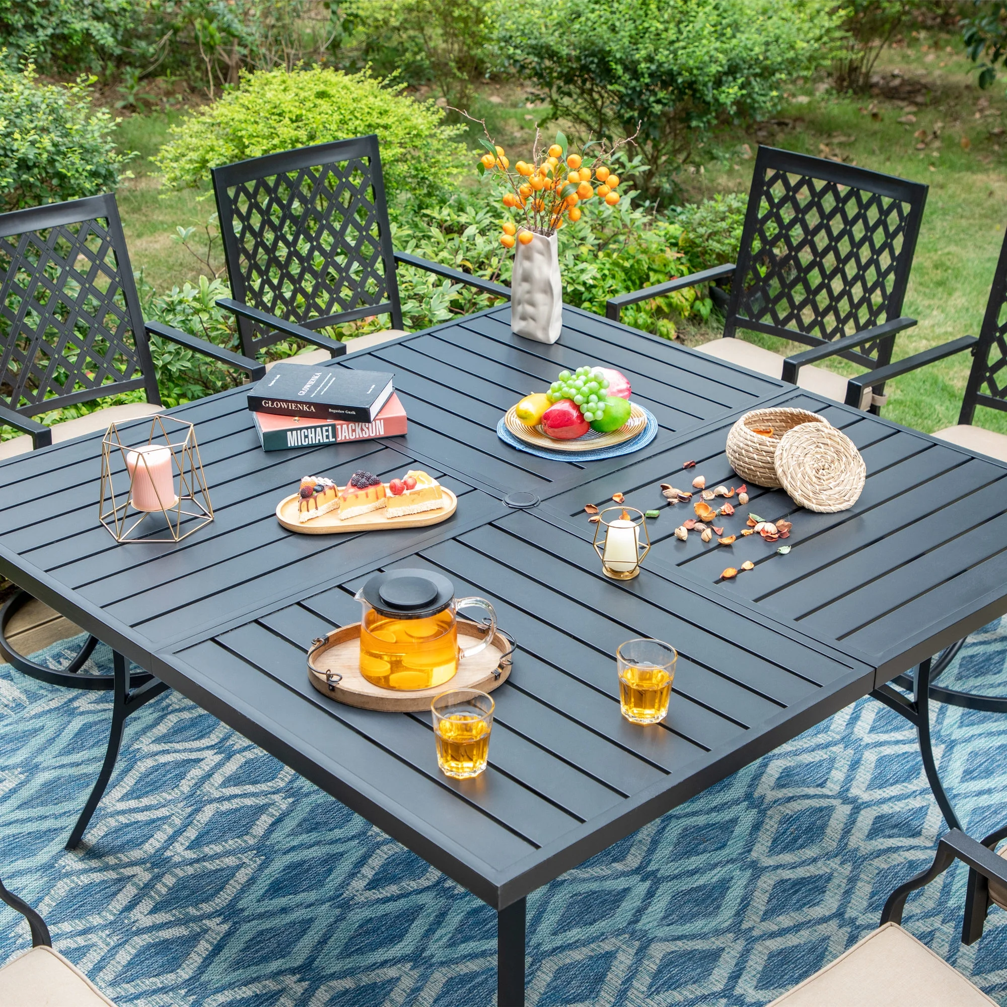 Summit Living 9-Piece Outdoor Dining Set with 8-Seat Table & Swivel Cushioned Chairs with, All-Weather Metal Furniture, Black & Beige