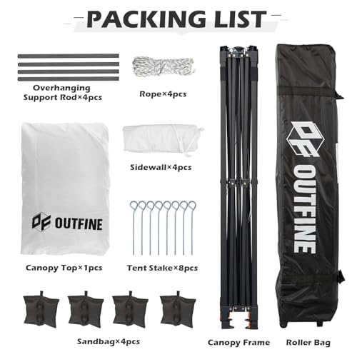 OUTFINE Heavy Duty Canopy 10x10 Pop Up Commercial Canopy Tent with 3 Side Walls Instant Shade, Bonus Upgrade Roller Bag, 4 Weight Bags