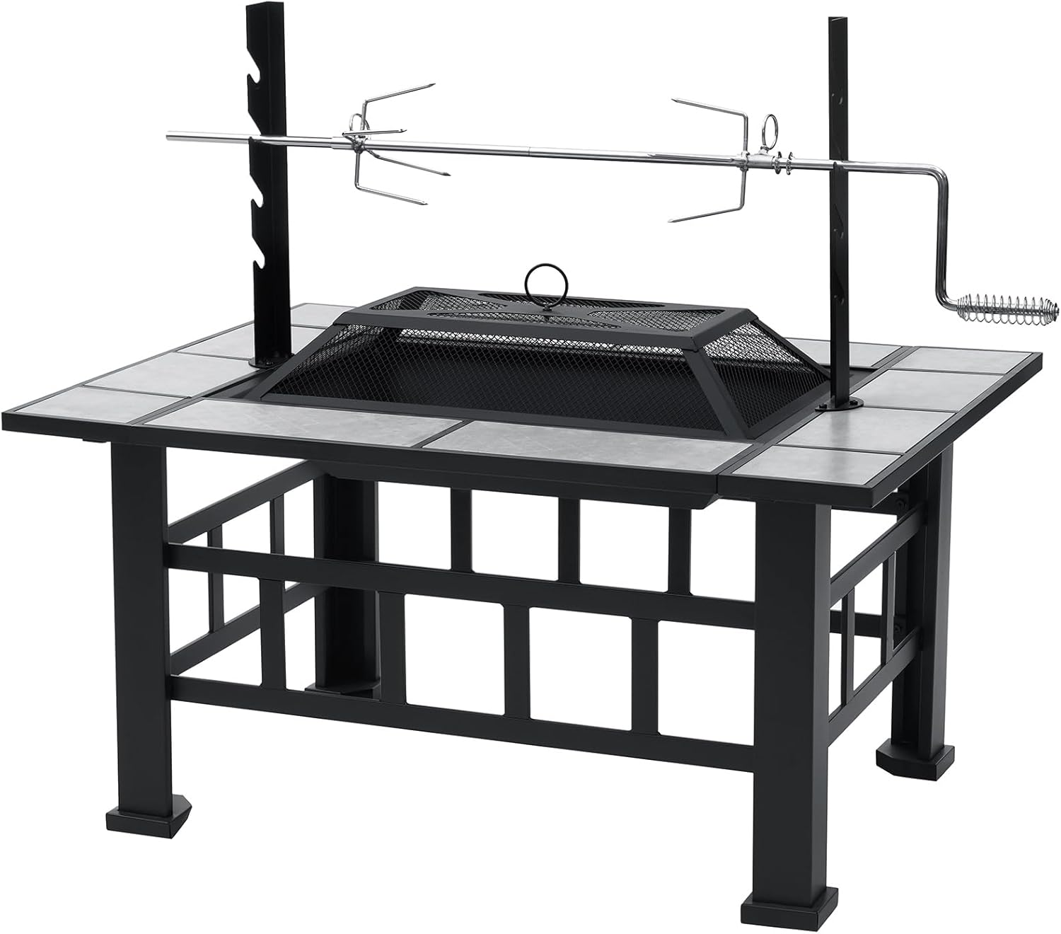 Fire Pit Table for Outside 37 Inch Square Firepits with Grill Large Wood Burning Heavy Duty Steel BBQ Bonfire Pit Outdoor Cooking with Spark Screen