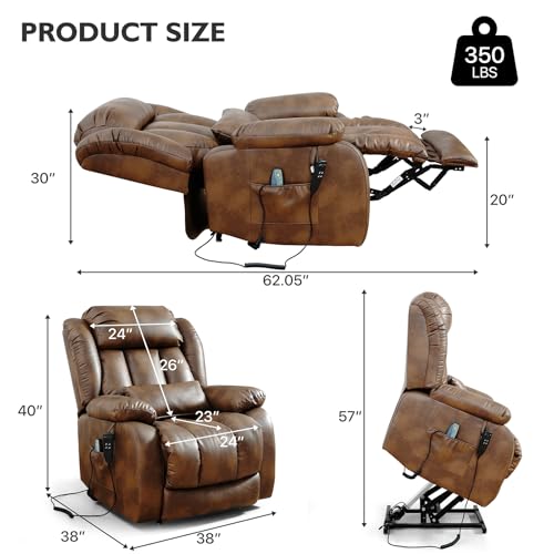 EDILLY Large Genuine Leather Power Lift Recliner Chairs for Elderly, Dual Motor with Massage and Heating,Double Lumbar Cushion and Extended Footrest