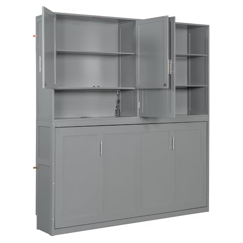 SOFTSEA Twin Size Murphy Bed Frame with Storage Cabinet and Shelves, Foldable Wall Bed with Light & USB for Guest Room, No Box Spring Needed, Gray