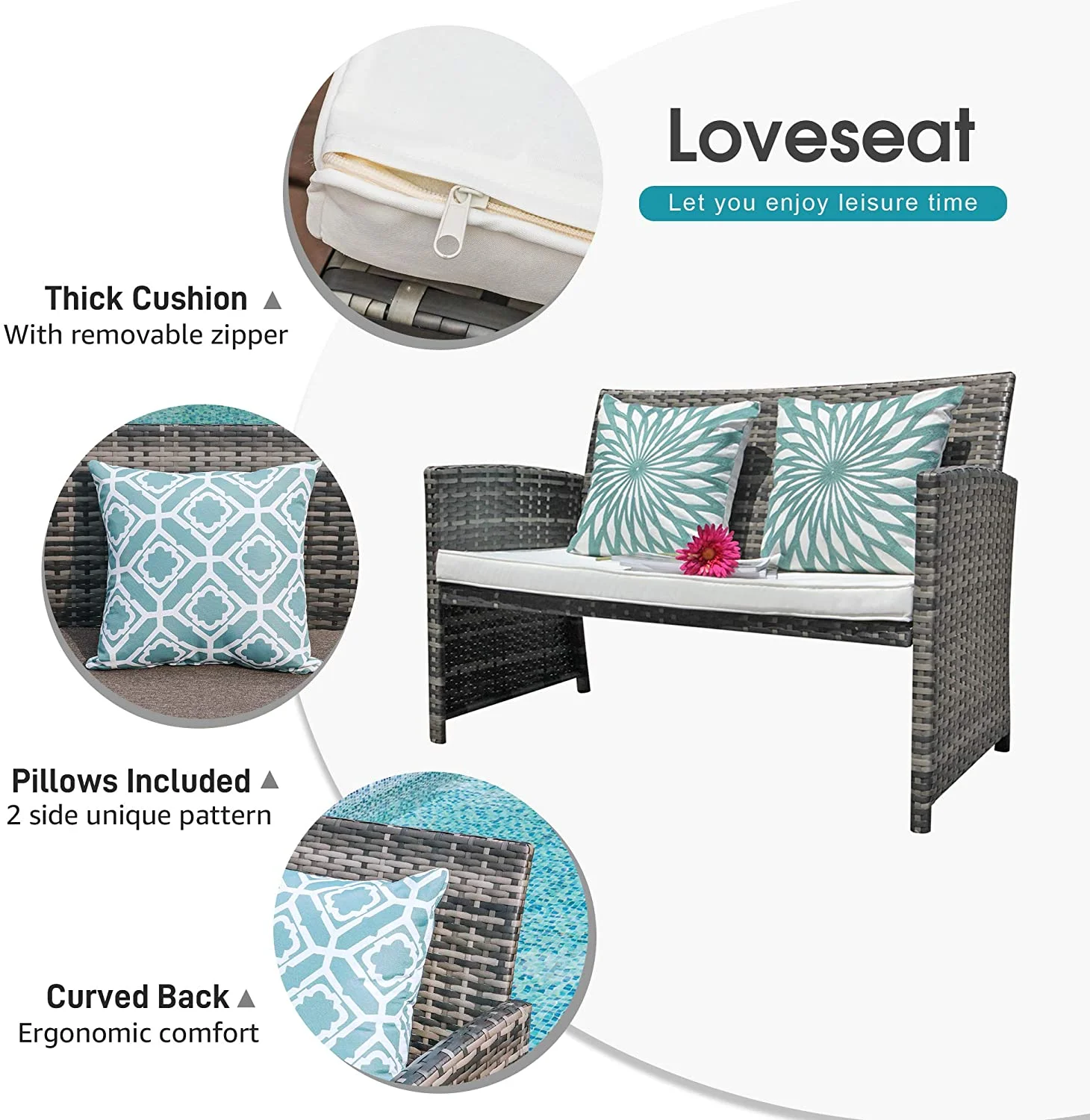 Outdoor Loveseat Patio Furniture Rattan Conversation Set with Ottoman, White Cushions, Grey Wicker, Pillows Included