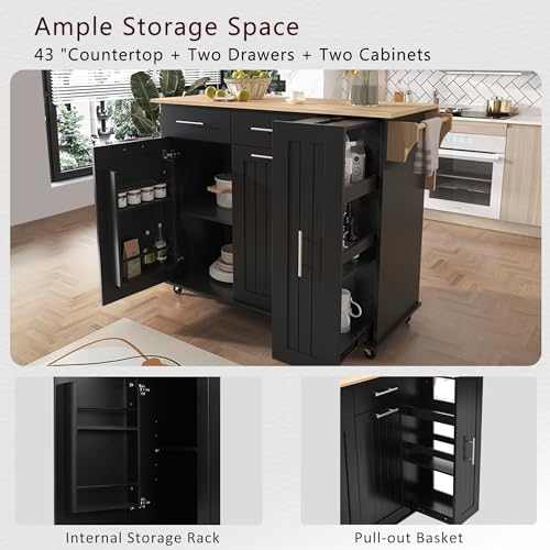 55.7'' Large Kitchen Island with 2 Drop Leaf, Rolling Kitchen Cart on 5 Wheels with Power Outlet