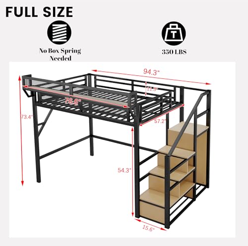 Full Size Loft Bed with Desk and Stairs, Heavy-Duty Steel Loft Bed Frame with Wardrobe & LED Light