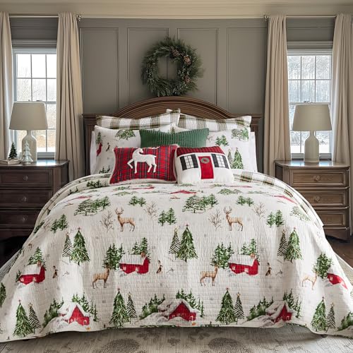 Levtex Home - Tatum Pines Quilt Set - King/Cal King Holiday Quilt 106x92 and Two King Pillow Shams 20x36 - Christmas Cabin - Red, Green