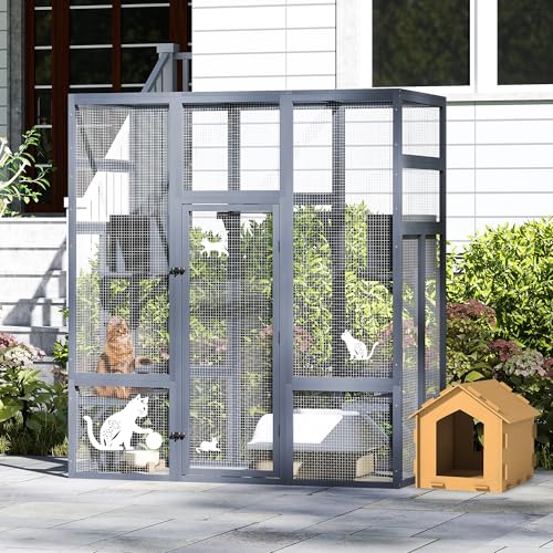 COZIWOW 70Inches Large Stable Spacious Wooden Catio Outdoor Cat Enclosure with Perches and Condos, Cat Cage Indoor with Waterproof Roof