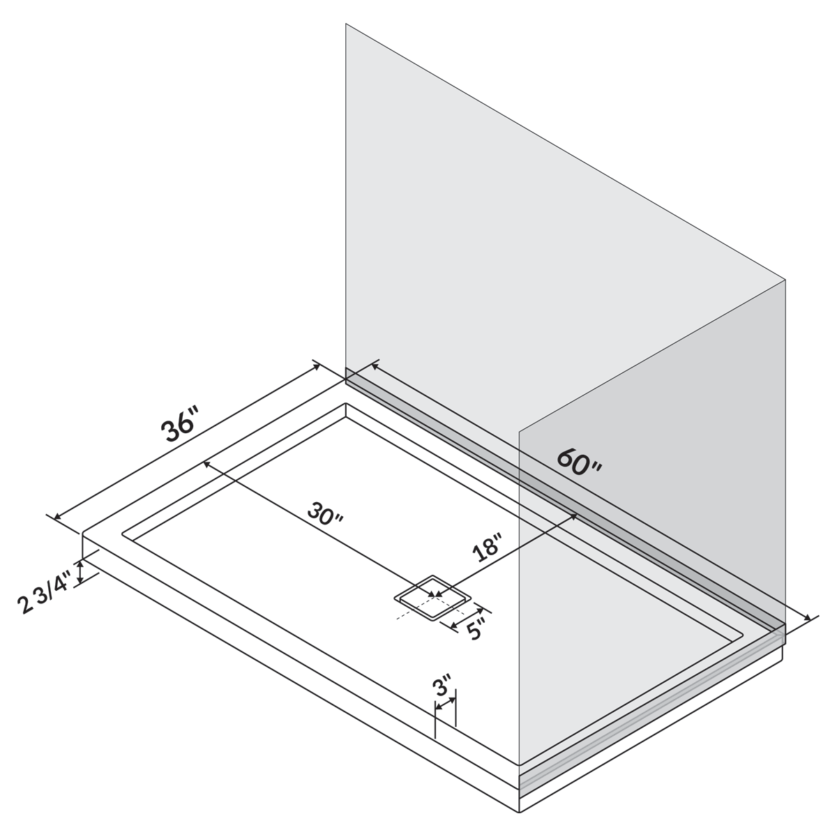LessCare 60 x 36 Right Double Threshold Shower Pan Base Wall Corner Center Drain