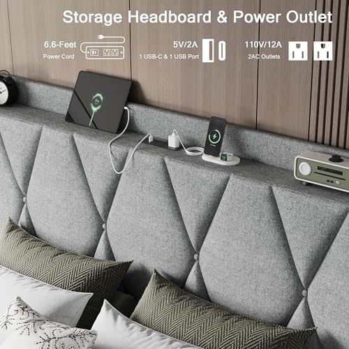 Queen Bed Frame with 4 Storage Drawers and Charging Station, Upholstered Platform Bed Frame with Storage Headboard, No Box Spring Needed