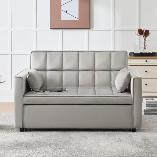 Modern 3 in 1 Convertible Sleeper Sofa Couch Bed with USB, Adjustable Backrest Velvet Pull Out Sofa Bed, Loveseat Sleeper Couch