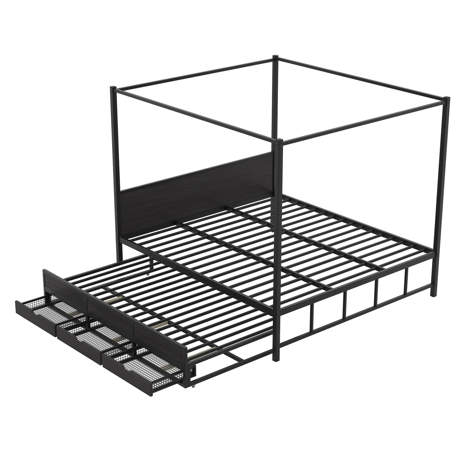 Churanty Queen Size Canopy Platform Bed with Trundle, Metal Four-Poster Canopy Bed Frame with for 3 Storage Drawers for Bedroom,Black