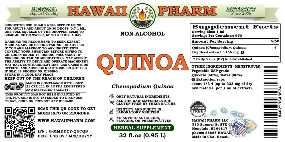 Quinoa (Chenopodium Quinoa) Dry Seed ALCOHOL-FREE Liquid Extract. Expertly Extracted by Trusted HawaiiPharm Brand. Absolutely Natural. Proudly made