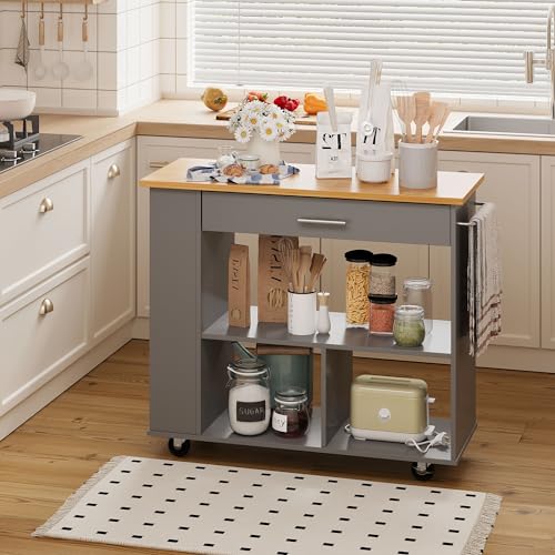 Shintenchi Rolling Kitchen Island Cart with Folding Drop Leaf Breakfast Bar, Portable Trolley Island with Large Storage Cabinet, Shelf and Drawer