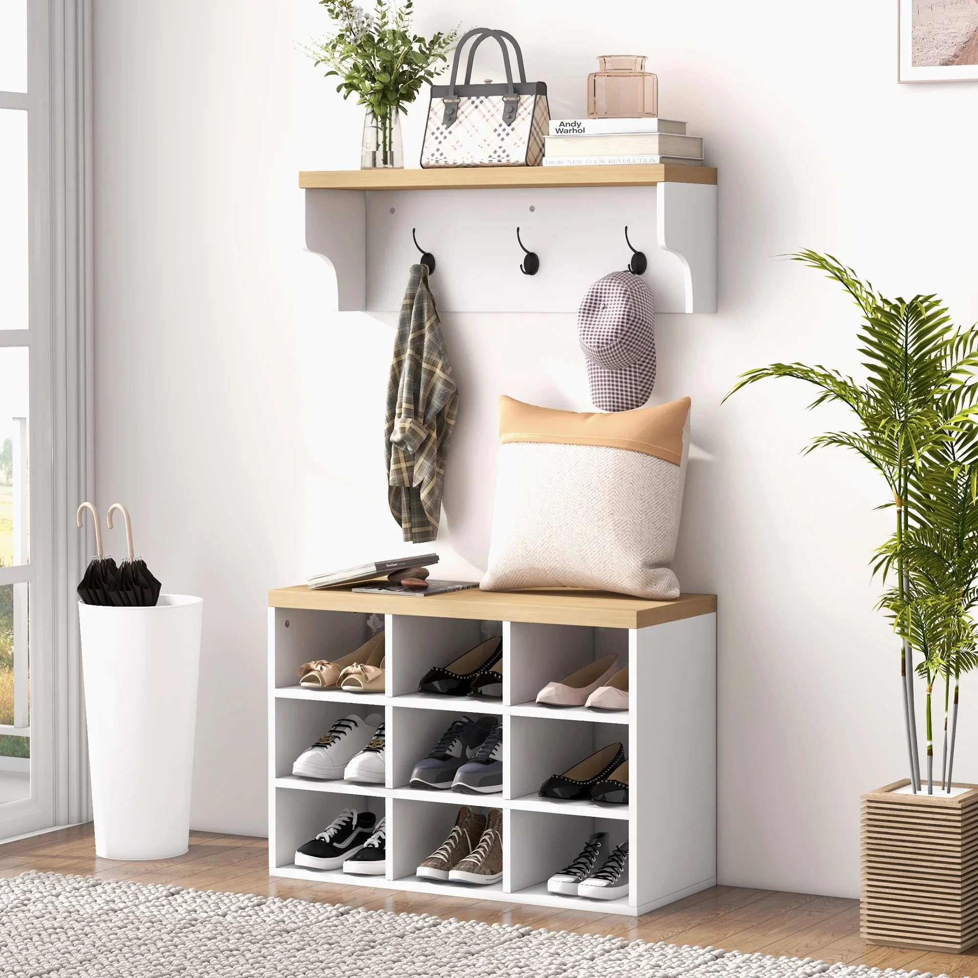 CoSoTower 2-In-1 Coat Rack Shoe Bench Set, 9 Pair Shoe Storage Cabinet Rack with Hall Tree, Modern Entryway, Hallway, Mudroom, Bedroom Organizer