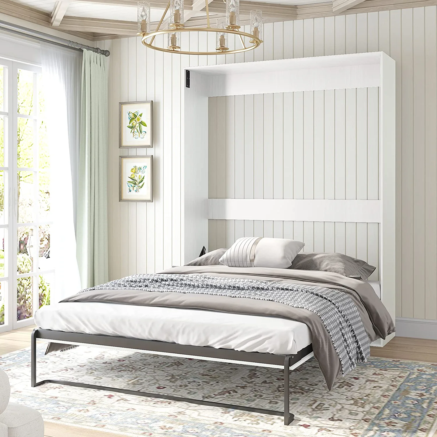 Mjkone Murphy Bed with Wardrobe, Folding Wall Bed for Bedroom, Fold Up Murphy Bed Cabinet, Queen Murphy Chest Bed Can Be Folded into a Cabinet