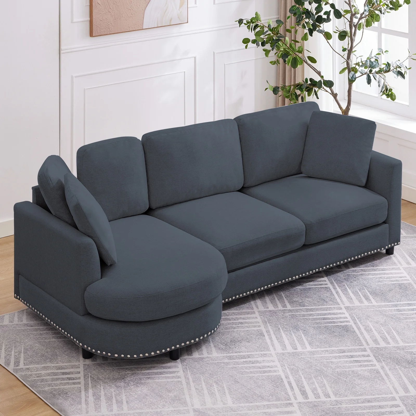ZAFLY 3 Seater Sofa Couch, L Shaped Couch with Chaise, Curved Couches for Living Room - Dark Grey - Curated Treasures Market