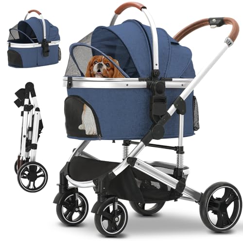 Pet Stroller 3 in 1 Folding Lightweight Dog Stroller with Detachable Carrier & Storage Basket, Premium 4 Wheels Travel for Puppies, Doggies