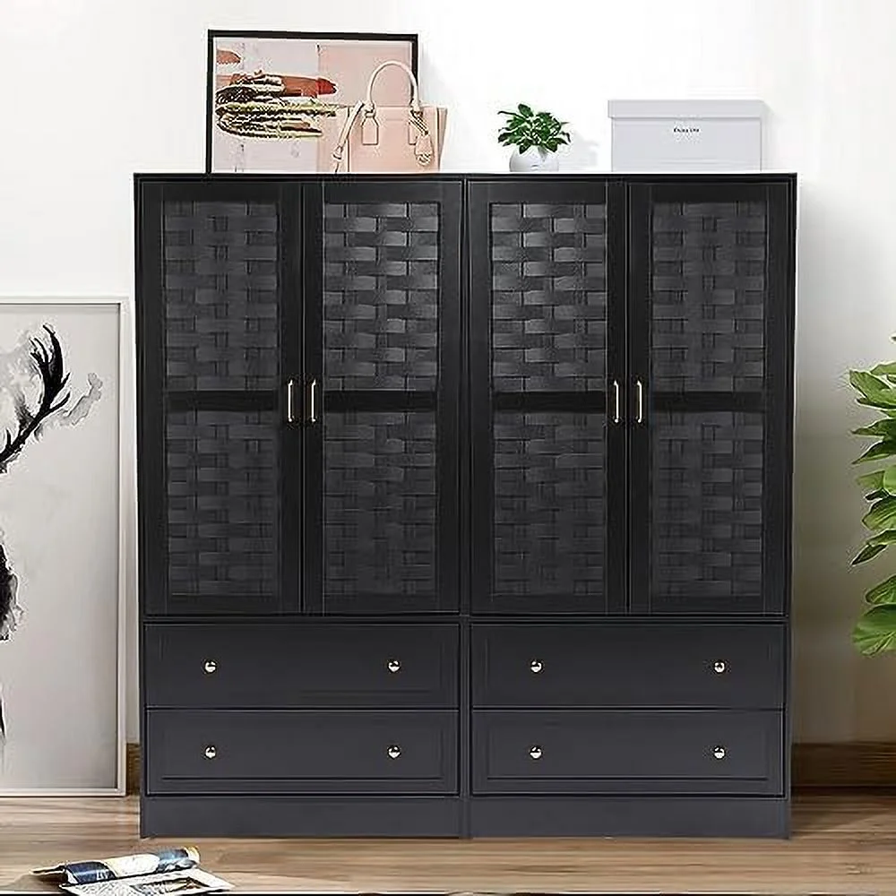 KHBIULIFE Armoire Wardrobe Closet with 2 Woven Doors  Wardrobe Cabinet with 2  Drawers and Hanging Rail  Freestanding Wooden Closet for Bedroom
