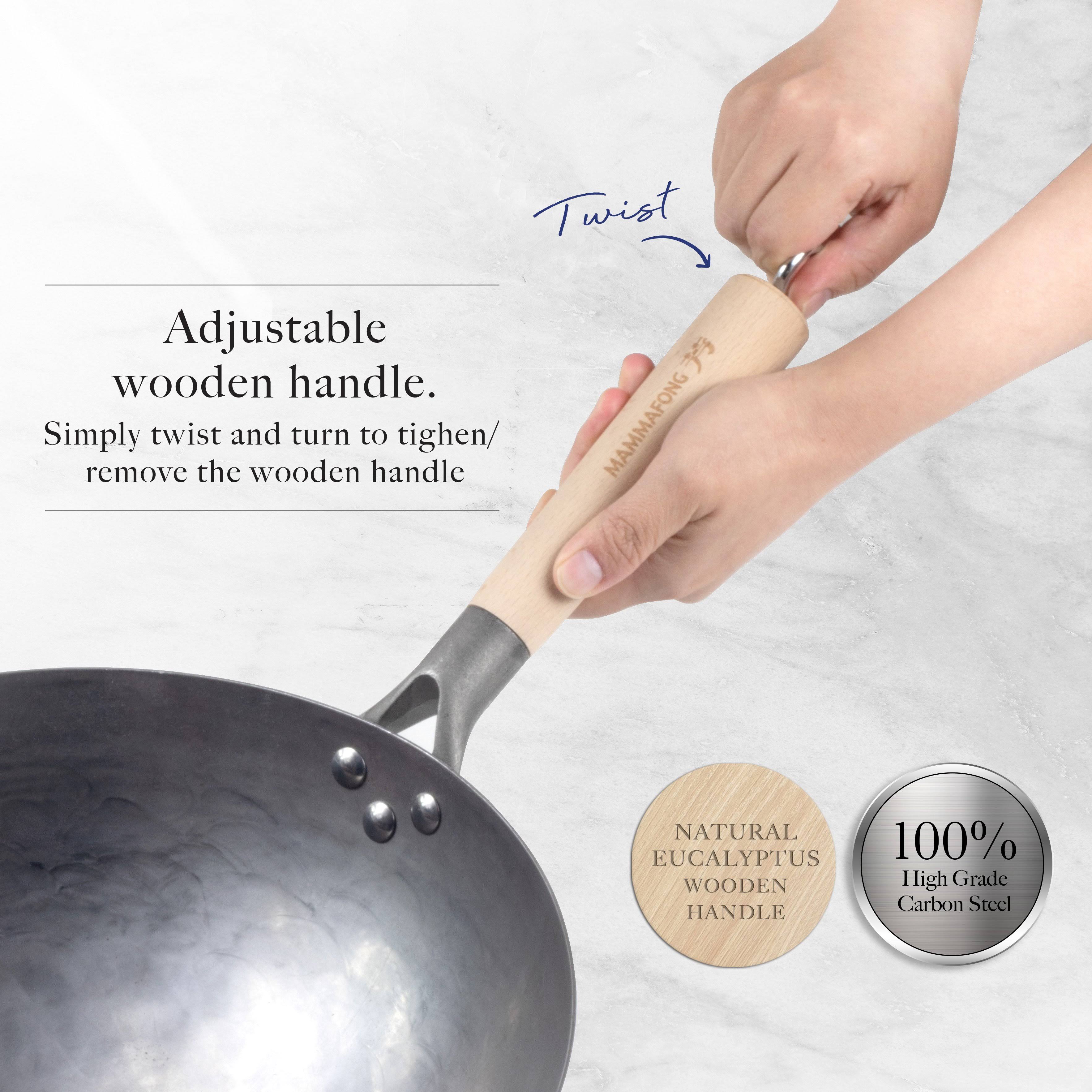 Authentic 14 inch Hand Hammered Round Bottom Carbon Steel Wok Set Starter Kit with Wok Spatula and Bamboo Brush CA Warehouse by