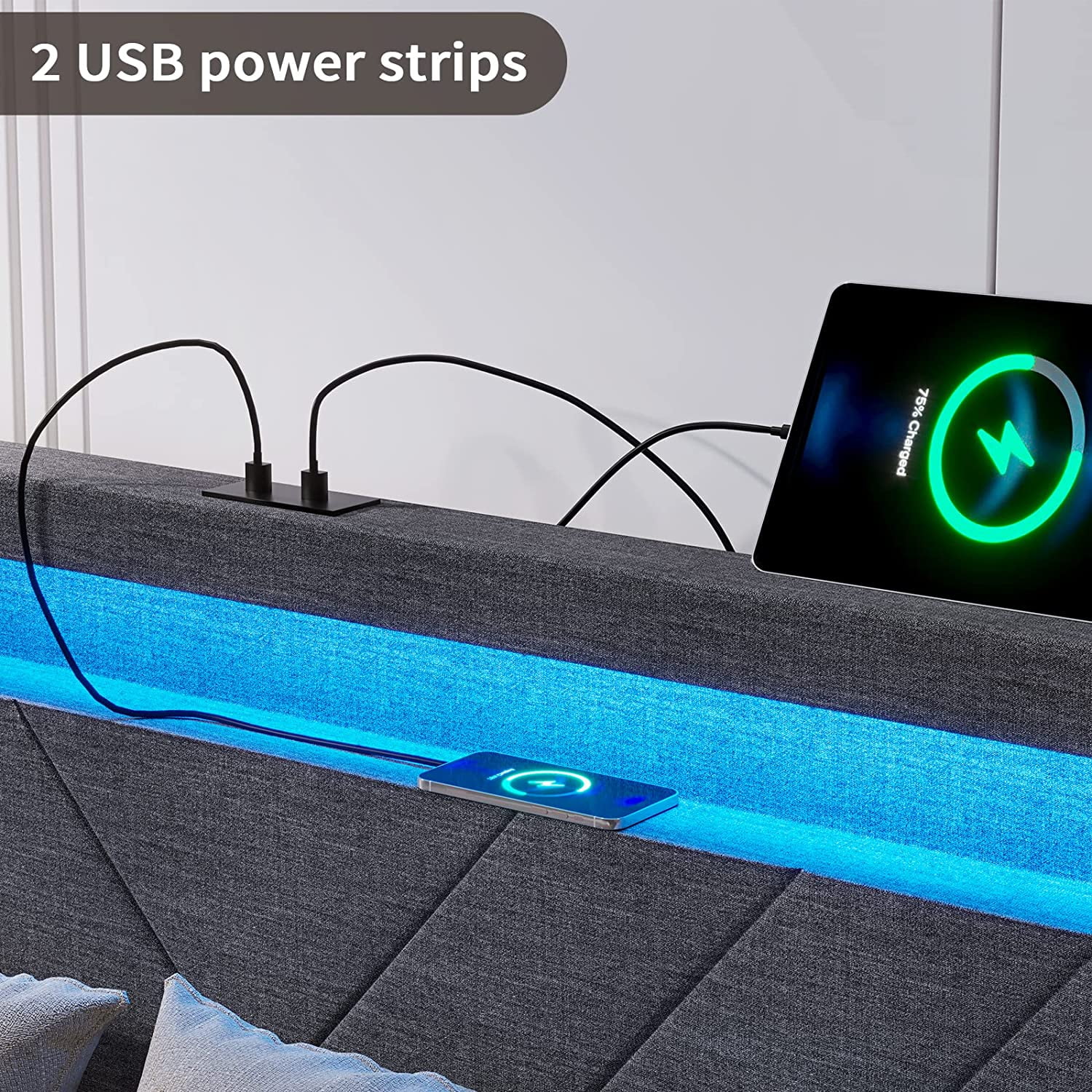 Queen Size Bed Frame with 4 Drawers, Upholstered Platform Bed with LED Lights Headboard and USB Charging Station, No Box Spring Needed, Dark Grey