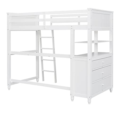 Harper & Bright Designs Full Loft Bed with Desk and Wardrobe,Solid Wood Loft Bed Frame Full with Storage Drawers for Kids Teens Adults