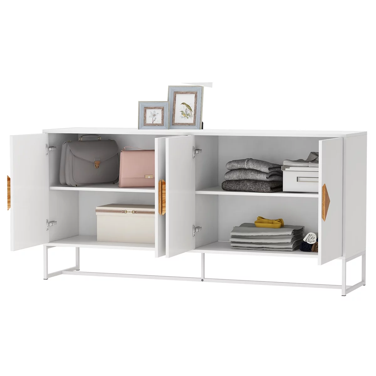 Astarth Storage Sideboard Cabinet White Modern 4 Doors Kitchen Buffet Cabinet Television Tables Entryway Cupboard Furniture with Solid Wood Square
